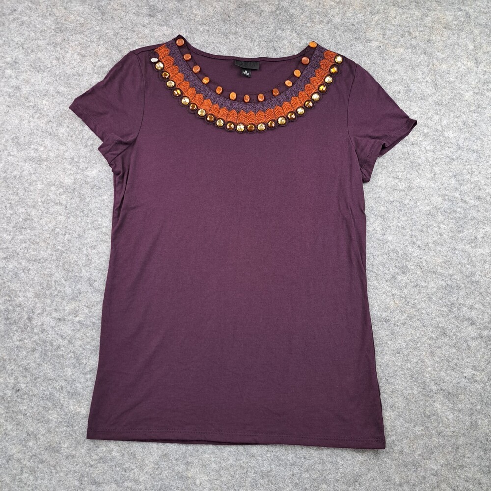 Anna Sui Shirt Womens Medium Purple Short Sleeve Top Beaded Embroidered Tee